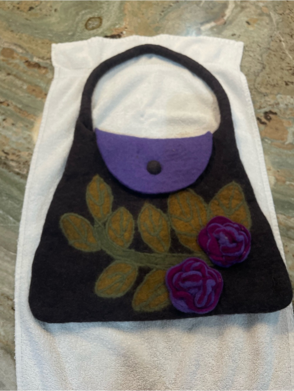 Rising Tide Flower Design Felted Wool Hobo Zip Top Bag